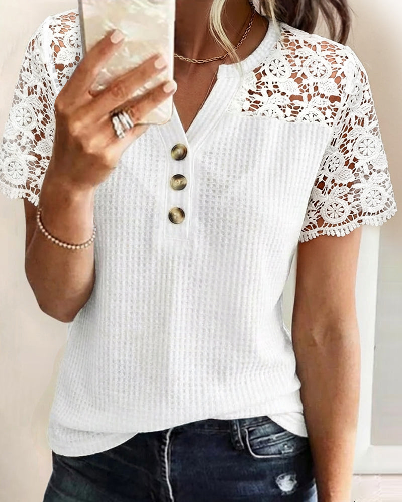 Notch Neck Short Sleeve Guipure Lace Spliced Tee Casual Half Button front Waffle Textured Top