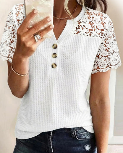 Notch Neck Short Sleeve Guipure Lace Spliced Tee Casual Half Button front Waffle Textured Top
