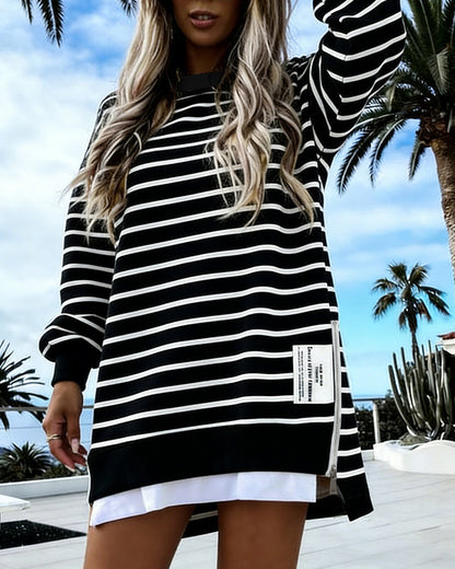 Women's Striped Sweatshirt Dress Long Sleeve Crew Neck Casual Pullover Side Zipper Trendy Streetwear