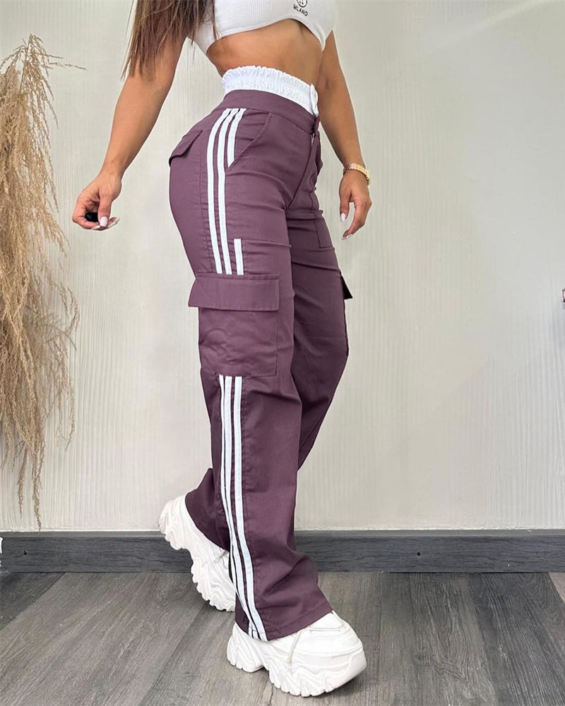 Contrast Side Striped Zipper Fly Stretchy High Waist Pants Flap Pockets Design Double Waistband Cargo Pants