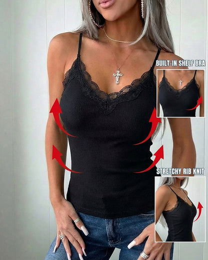 French Style V-Neck Spaghetti Straps Lace Spliced Top Slim Fit Ribbed Cami Top with Built-In Bra