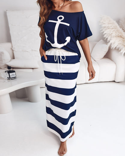 2 Pieces Outfit Anchor Print Skew Neck Top and Casual Striped Drawstring Elastic Waist Skirt Set