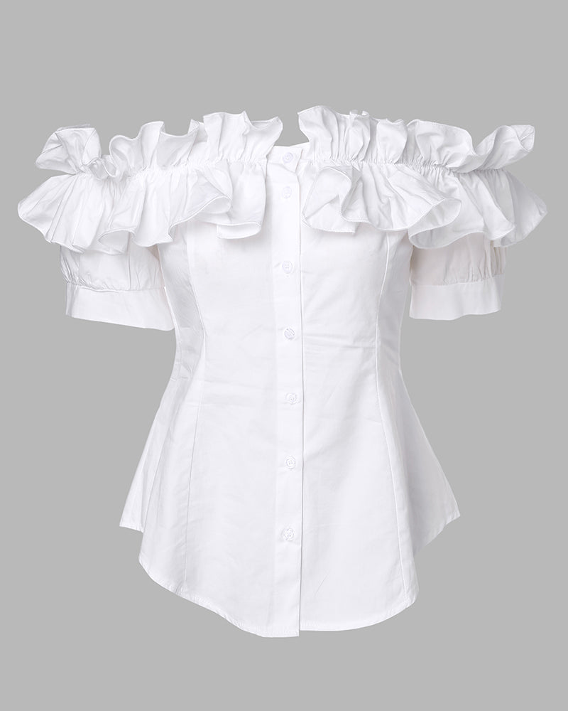Off the Shoulder Short Sleeve Blouses Asymmetrical Button Ruffles Blouses