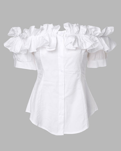 Off the Shoulder Short Sleeve Blouses Asymmetrical Button Ruffles Blouses