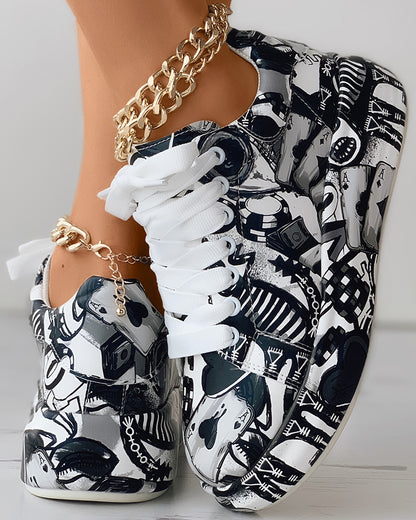 Lace-up Front Painting Print Platform Sneakers