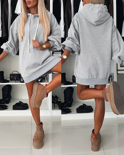 Long Sleeve Hoodie Kangaroo Pocket Drop Shoulder Casual Pullover Hooded Dress