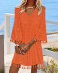 Large Swiss Dot  V-Neck Bell Sleeve Mini Dress Casual Loose Fit Dress