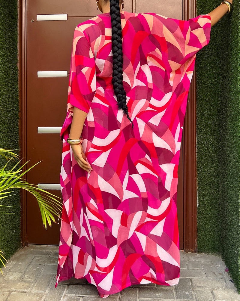 2 Pieces Outfit Colorblock Geometric Print Batwing Sleeve Cover Up and Casual Wide Leg Pants Set