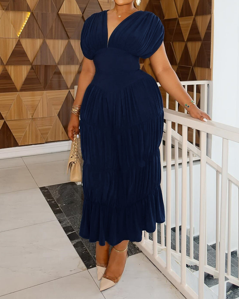 Textured V Neck Sleeveless Ruched Ruffles Hem Dress Casual Waist A Line Party Midi Dress