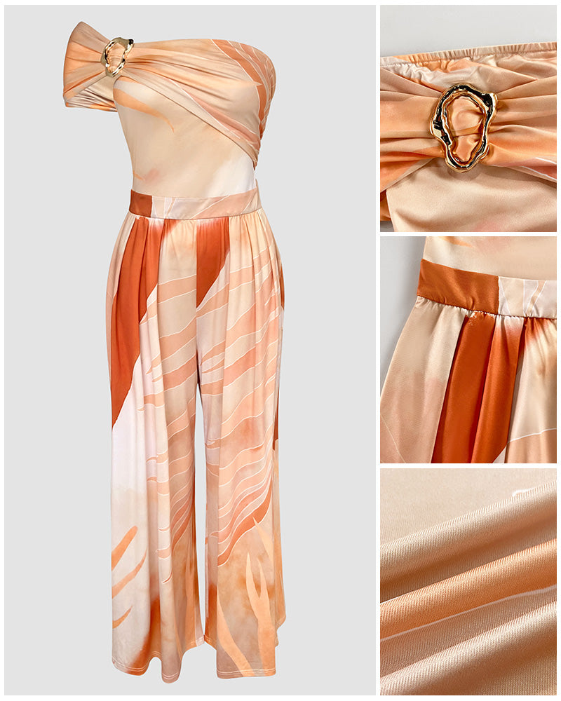 Metal Ring Decor All Over Print One Shoulder Ruched Jumpsuit Casual Pleated Wide Leg Jumpsuit