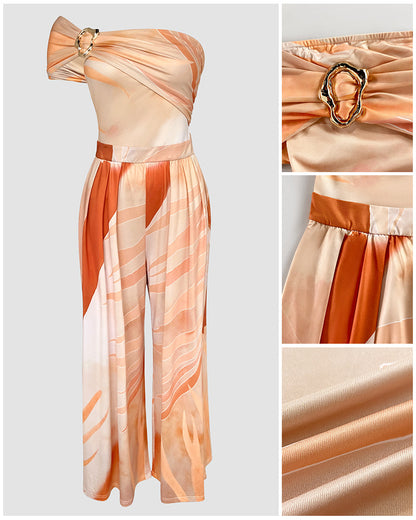 Metal Ring Decor All Over Print One Shoulder Ruched Jumpsuit Casual Pleated Wide Leg Jumpsuit