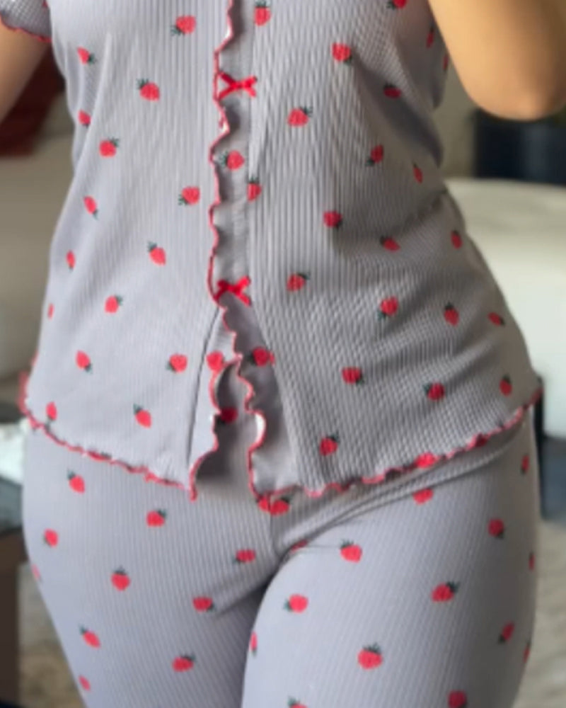2 Pieces Outfit Strawberry Print Stand Collar Short Sleeve T-shirt and Pants Pajamas Set