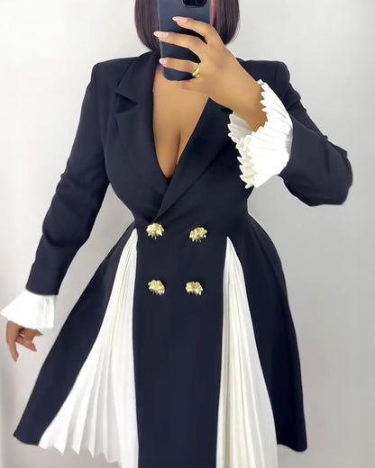 Colorblock Pleated Spliced Notched Collar Pleated Flared Cuff Double Breasted Blazer Dress Elegant Cinched Waist Flared Hem Commuting Dress