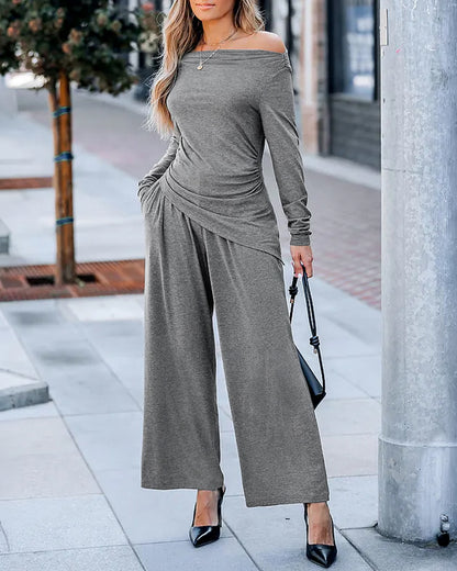 Women's 2 Piece Outfit Off Shoulder Ruched Asymmetrical Top and Wide Leg Pants Set Casual Loungewear