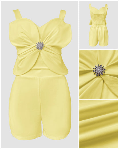 2 Pieces Outfit 3D Flower Decor Sweetheart Neck Thick Straps Shirred Back Crop Top and Casual Elastic Back Waist Shorts Set