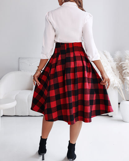 Plaid Print High Waist Side Slit Mid-length Skirt Casual Double Buckle A Line Pleated Skirt