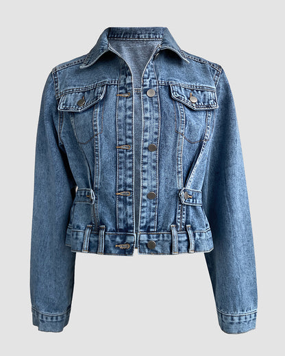 Vintage Turn-down Collar Button Front Seam Design Distressed Crop Coat Casual Flap Pockets Design Cinched Waist Washed Denim Coat