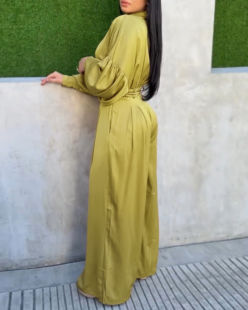 Women's Two Piece Satin Outfit Turn-down Collar Wrap Crop Shirt and Wide Leg Pants Set Elegant Matching Set