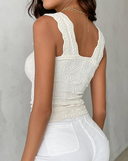 Floral Jacquard Square Neck Thick Strap Crop Tank Casual Sleeveless Top