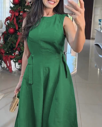 Sleeveless Buckle Side Zipper Back Mid-length Dress Casual Cinched Waist A Line Dress