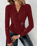 Rhinestone V-Neck Skinny Sweater Front Buckle Ruched Casual Top