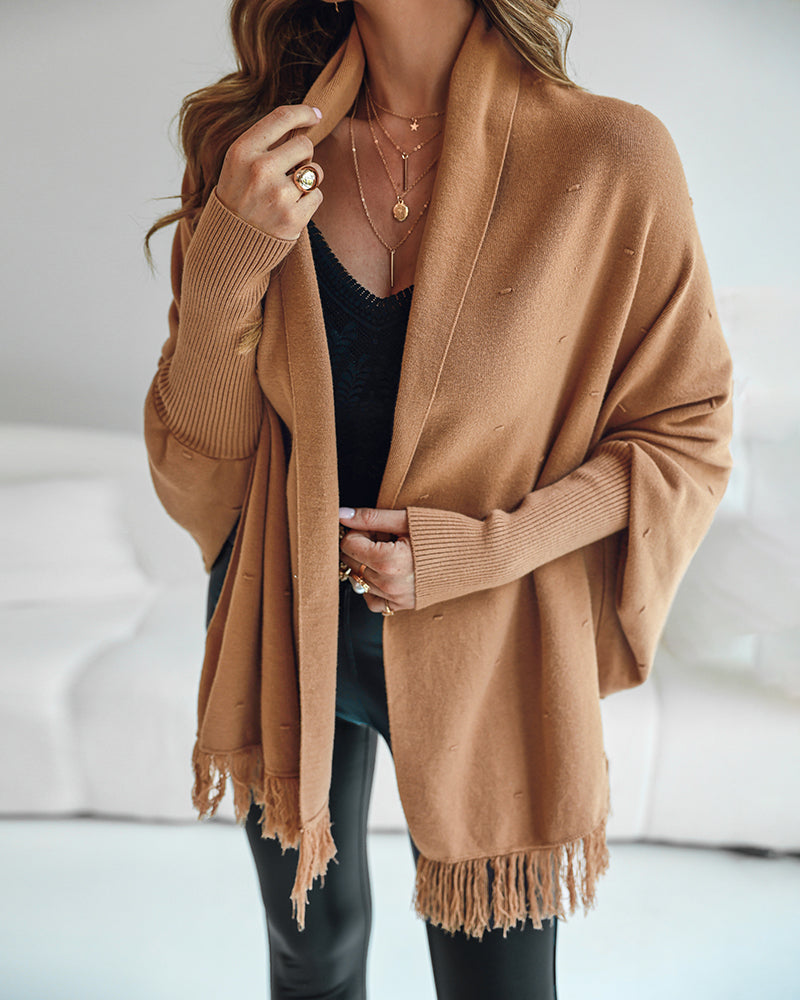 Tassel Design Long Sleeve Slit Cardigan Fashion Versatile Warm Cape Shawl
