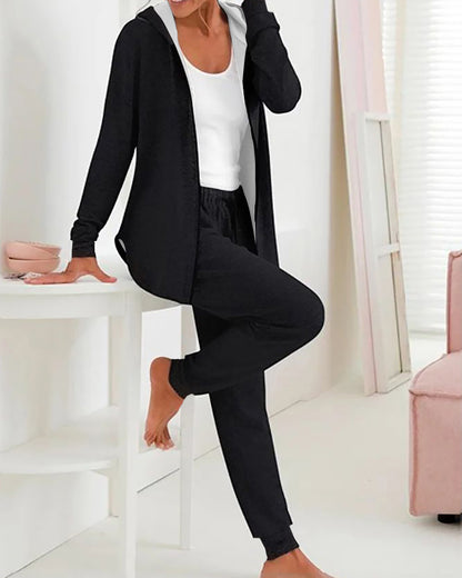 2 Piece Open Front Long Sleeve Hooded Top Drawstring Cuffed Pants Lounge Outfit Tracksuit Set