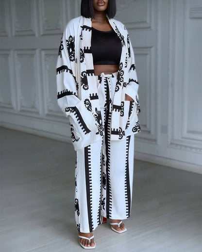 2 Pieces Outfit Open Front Long Sleeve Coat and Drawstring Elastic Waist Wide Leg Pants Set Casual Vintage Baroque Print Loose Fit Set without Tank Top