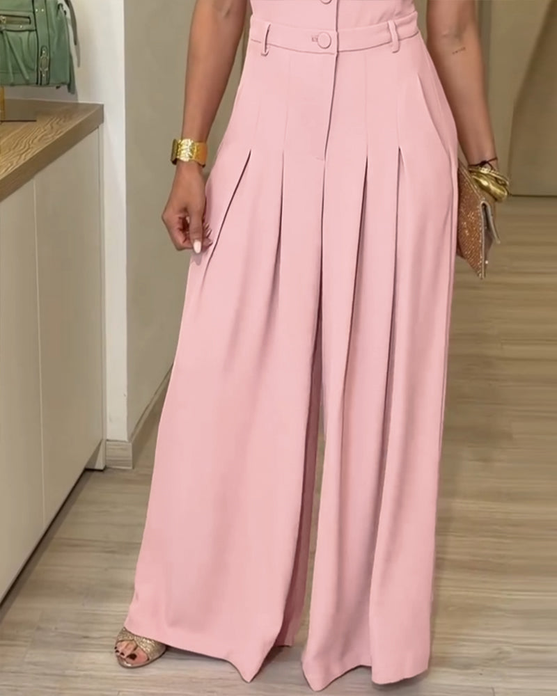 Women's Lapel V Neck Jumpsuit Cap Sleeve High Waisted Wide Leg Overalls Elegant Suit Jumpsuit