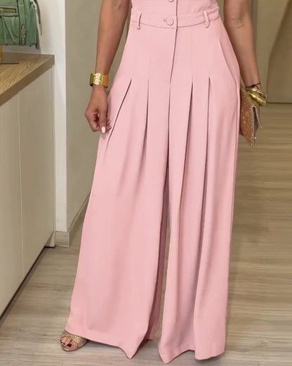 Women's Lapel V Neck Jumpsuit Cap Sleeve High Waisted Wide Leg Overalls Elegant Suit Jumpsuit
