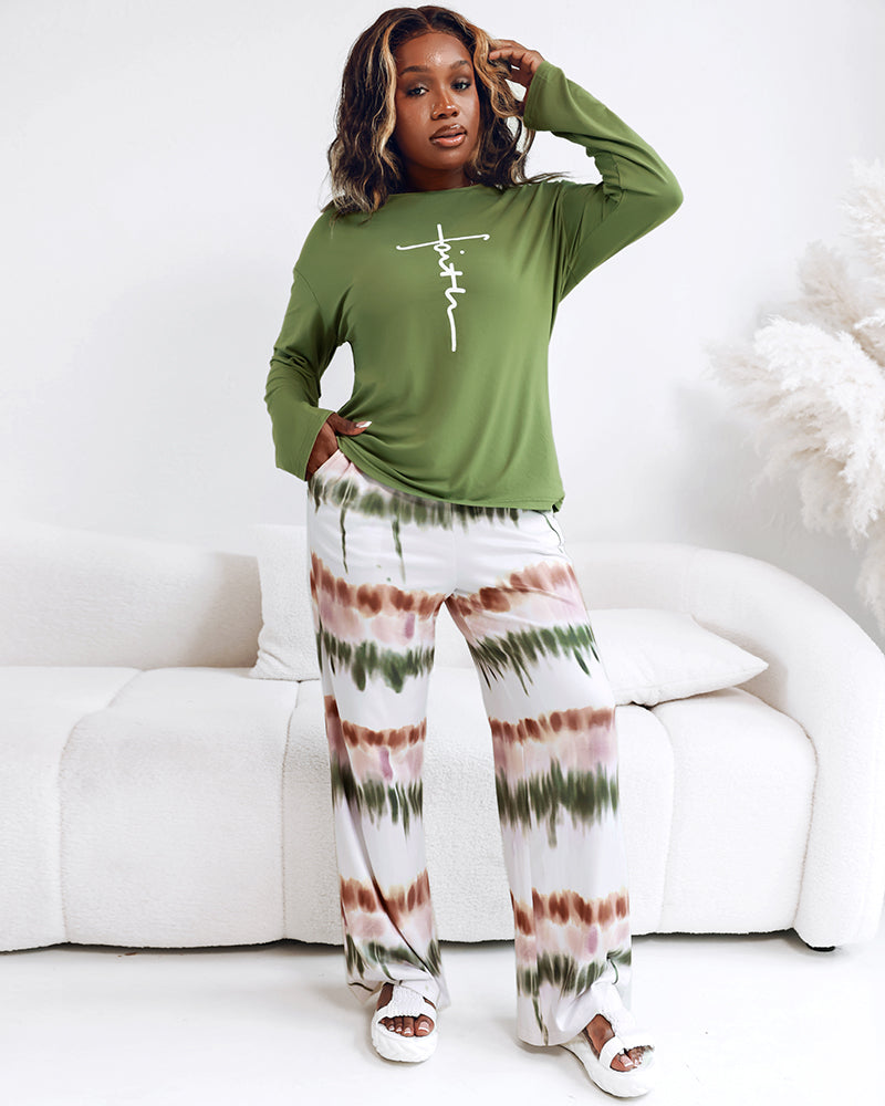 2 Pieces Outfit Letter Placement Print Long Sleeve Drop Shoulder Top and Ombre Loose Fit Pants Set Casual Pajamas Set