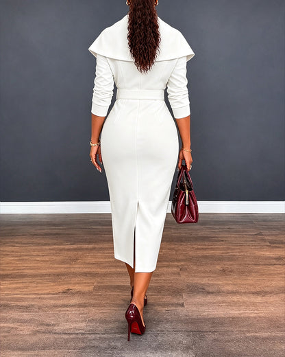 Women's Lapel Collar Wrap V-Neck Long Sleeve Slit Midi Dress with Belt
