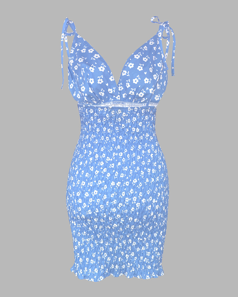 Women's Ditsy Floral Deep V Neck Shirred Sundress Sexy Tie Strap Backless Ruched Bodycon Cami Mini Dress