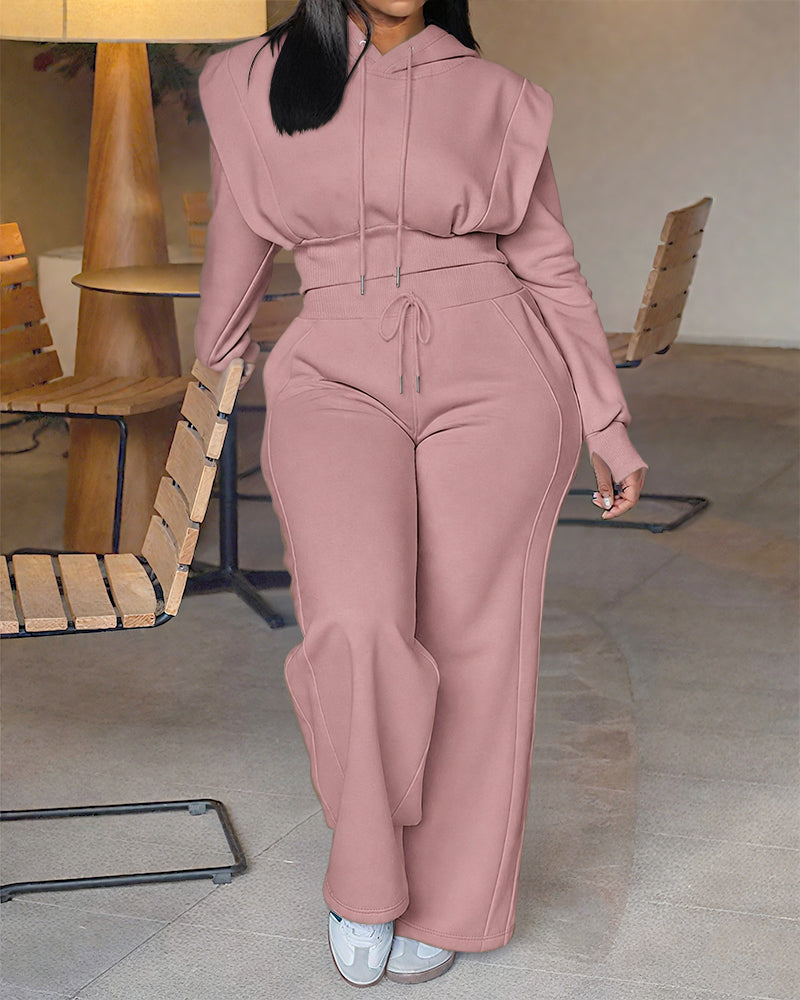 2-teiliges Outfit, langärmliges, kurzes Kapuzenpullover-Sweatshirt mit Kordelzug, Bündchen mit Daumenlöchern und lässigem Jogginghosen-Set mit Kordelzug und elastischer Taille mit weitem Bein 