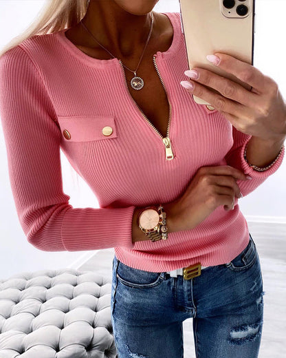 Crewneck Half Zipper Flap Detail Knit Sweater Long Sleeve Slim Fit Ribbed Pullover Top