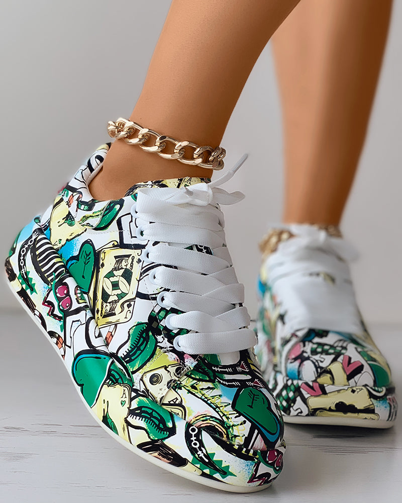 Lace-up Front Painting Print Platform Sneakers