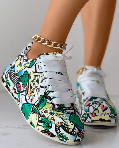 Lace-up Front Painting Print Platform Sneakers