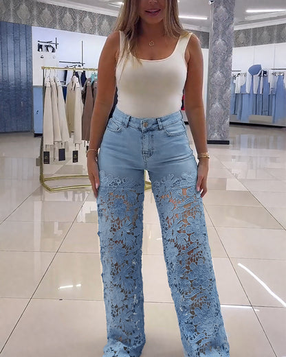 Guipure Lace Spliced High Waist Zipper Fly Wide Leg Washed Jeans