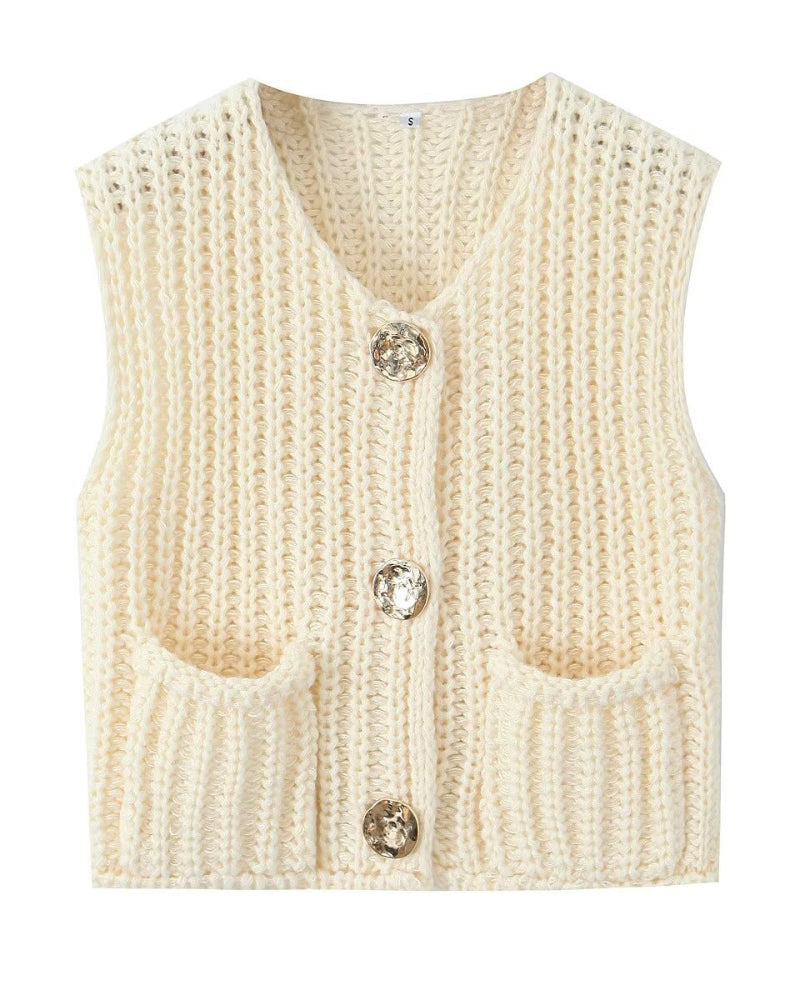 V-Neck Sleeveless Button Front Knit Vest Casual Loose Fit Sweater Top with Pockets