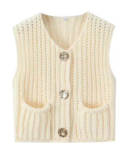 V-Neck Sleeveless Button Front Knit Vest Casual Loose Fit Sweater Top with Pockets