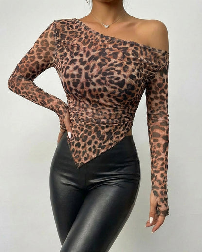 Leopard Print Skew Neck Long Sleeve Asymmetrical Hem Tee Slim Fit Side Ruched Sheer Mesh Top with Thumb Hole Cuffs & Lining
