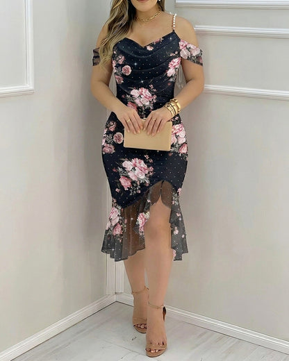 Women's French Floral Mesh Dress Sparkling Rhinestone Ruffle Hem Cami Dress Stretchy Pearl Strap Cowl Neck Bodycon Slit Dress