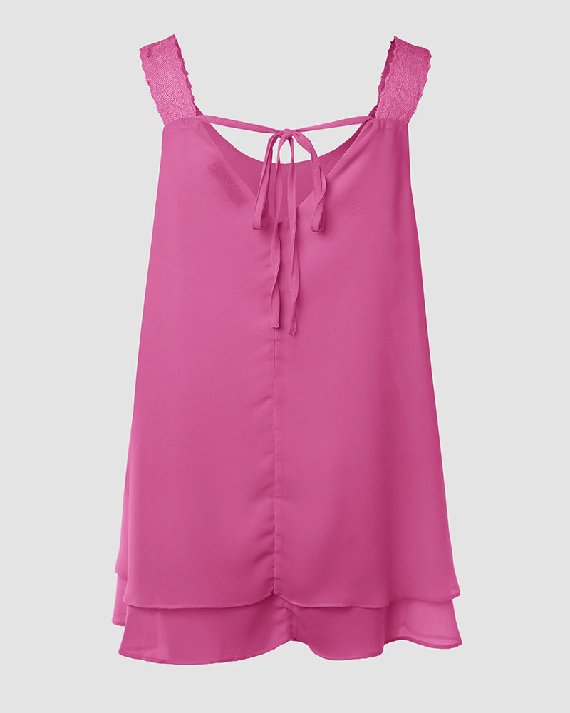 U-Neck Thick Strap Tank Contrast Lace Tied Detail Top