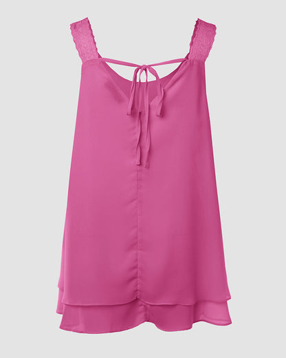 U-Neck Thick Strap Tank Contrast Lace Tied Detail Top