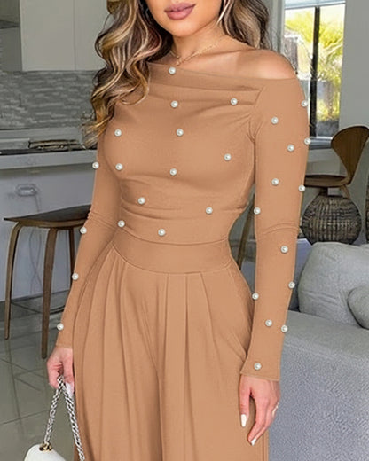 Pearls Decor Skew Neck Long Sleeve Cinched Waist Overalls Casual Ruched Zipper Back Wide Leg Jumpsuit