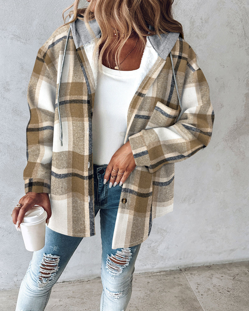 Plaid Print Button Front Pocket Design Drawstring Hoodie Jacket Casual Asymmetrical Hem Thermal Lined Shirt Coat