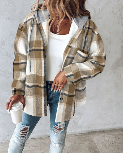 Plaid Print Button Front Pocket Design Drawstring Hoodie Jacket Casual Asymmetrical Hem Thermal Lined Shirt Coat