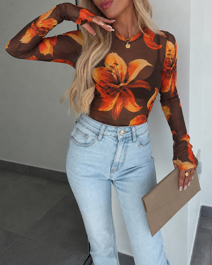 Women's Vintage Floral Print Sheer Mesh Long Sleeve Top Crewneck Tee with Thumb Holes