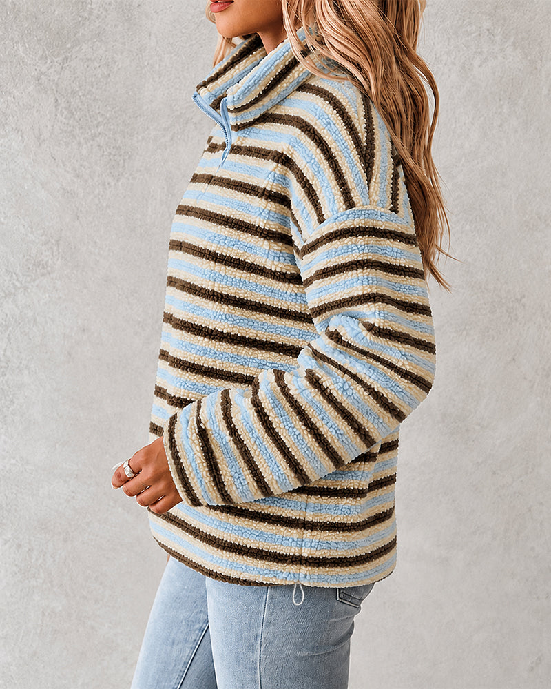 Women's Striped Fleece Sweatshirt Half Zip Fuzzy Sherpa Pullover Top
