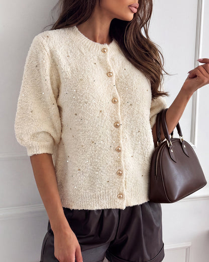Women's Boucle Knit Cardigan Gold Beaded Puff Sleeve Sweater Crewneck Button Up Elegant Crop Outerwear